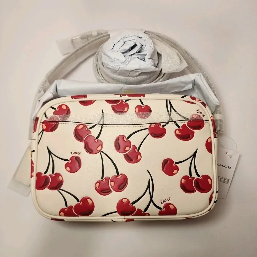 NWT COACH CZ189 Jamie Camera Bag With Cherry Print In Smooth Leather Chalk Multi